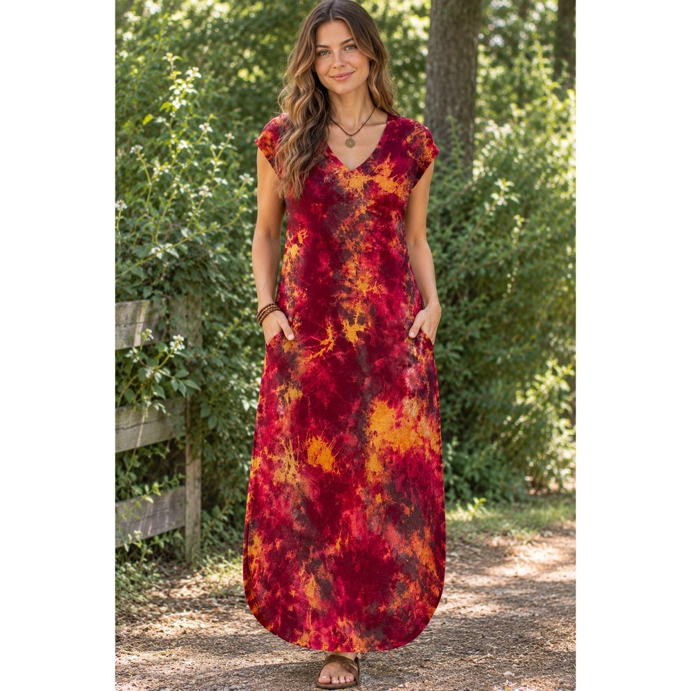 Oddi Womens Boho Red Yellow Tie Dye V-Neck Maxi Dress Pockets Size M Festival